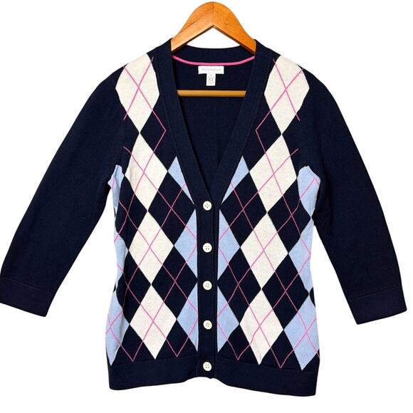Preppy Argyle Cardigan Button Up Y2k Macy's Cotton Navy Blue Grandmacore Size M - Picture 1 of 7